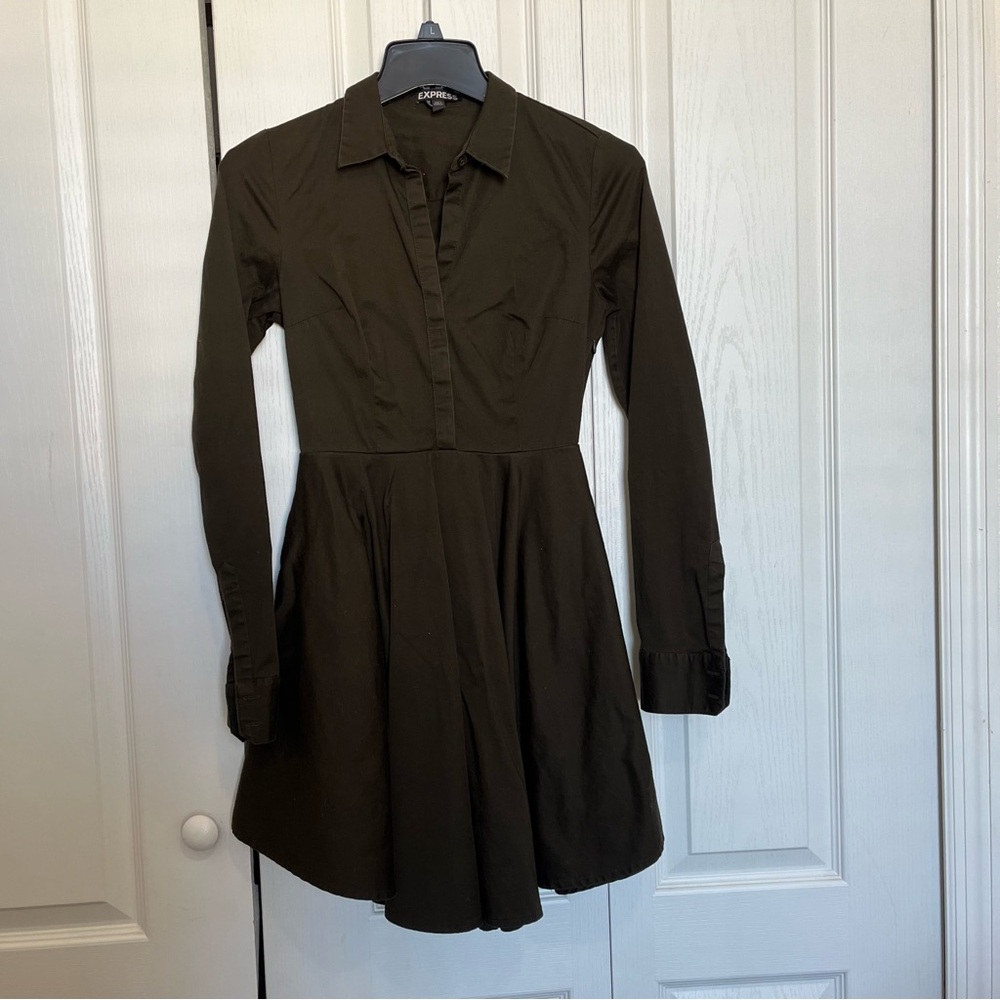 Olive Green Long Sleeve Button Up Pockets Dress